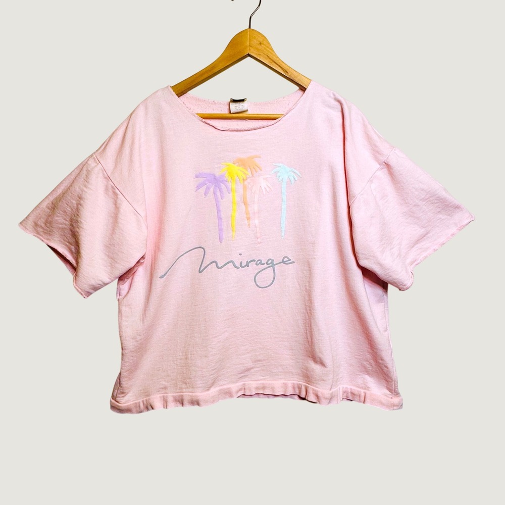 Mirage Las Vegas Sweatshirt Women L Pink Palm Tree Short Sleeve Boxy Cropped VTG